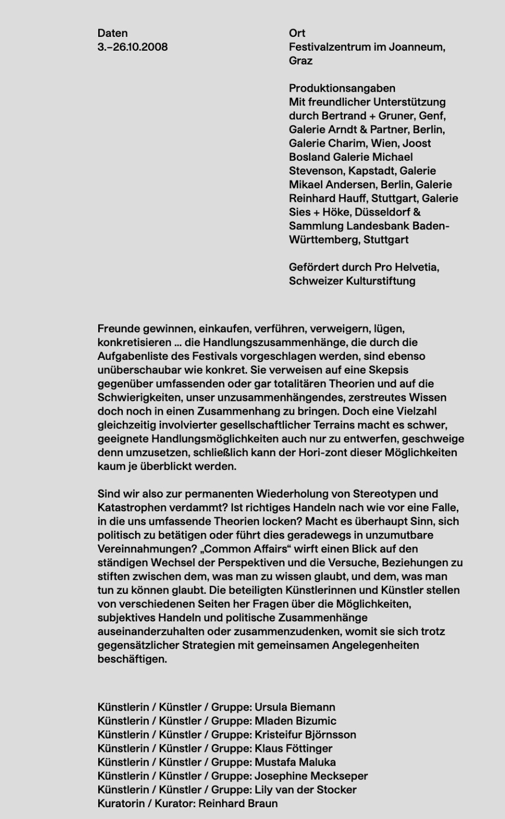 steirischerherbst Retrospektive 2008 – Daten, Ort, Produktionsangaben und Beteiligte